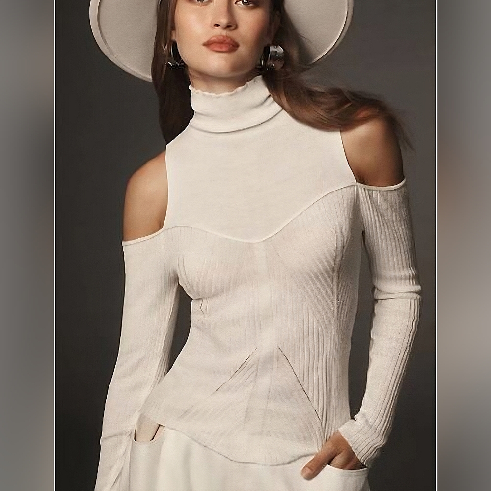 Anthropologie NWT Avantlook Cutout Turtleneck Long Sleeve Ivory Top